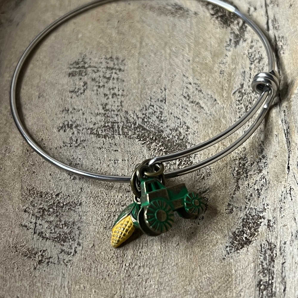 New Silver Bangle with Green Tractor Charm